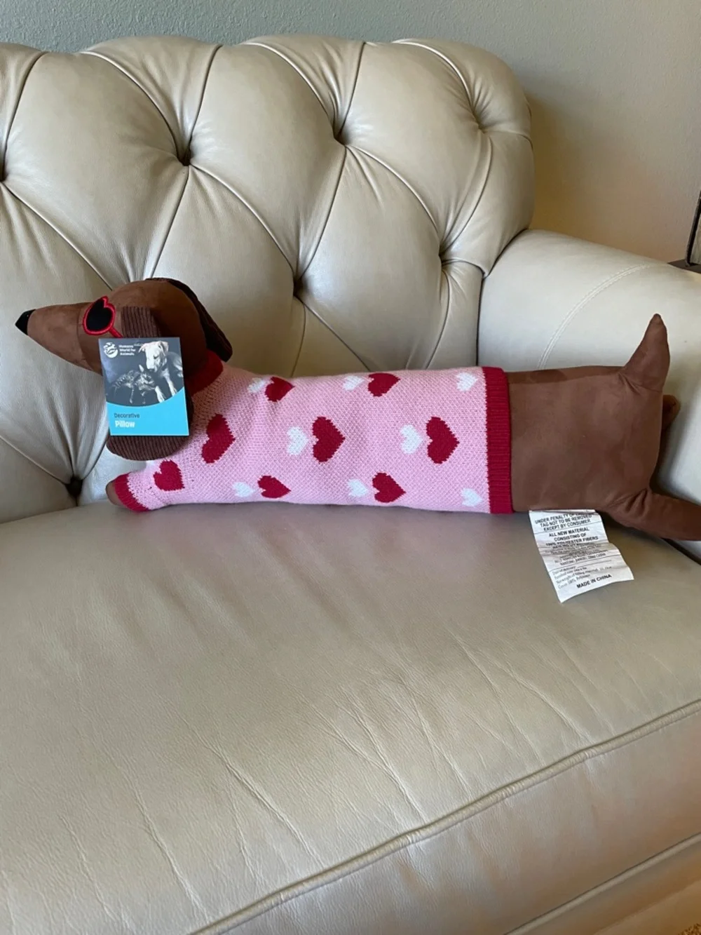 Plush Dachshund Bolster Pillow in Pink and Brown with Heart Pattern